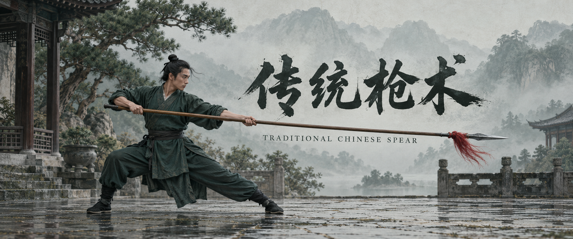Original artwork of a fictional traditional Chinese spear practitioner; an illustration, not a course instructor or a technique demonstration.